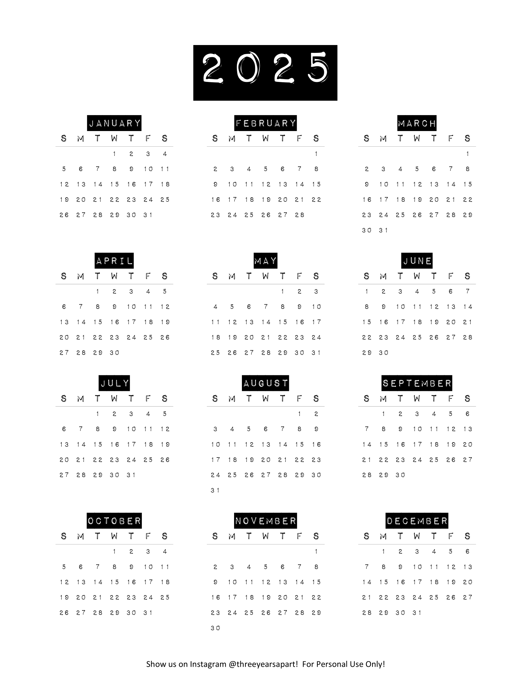 2025 Calendar Small Printable