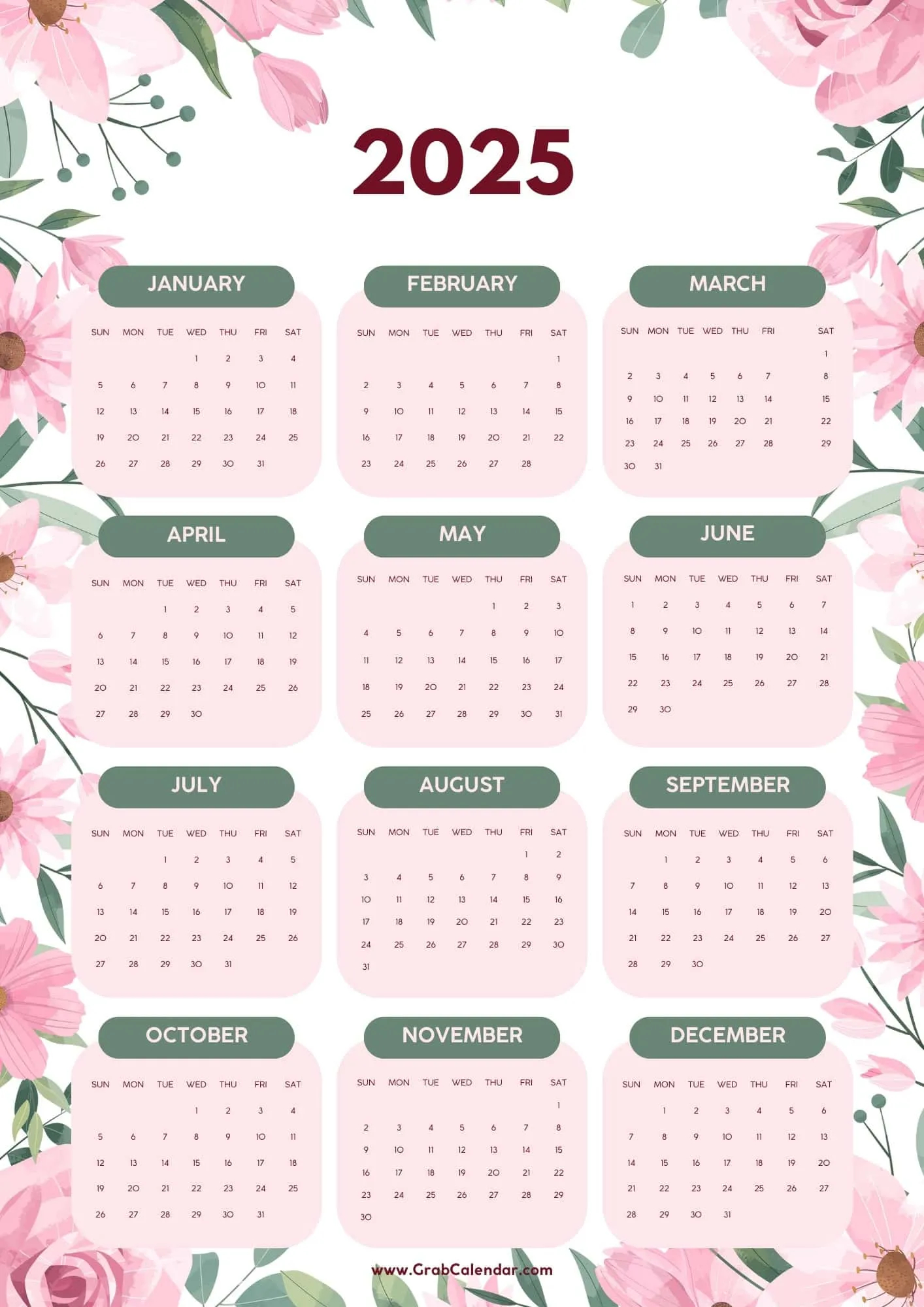 Free Printable Yearly Calendar 2025 Large Print