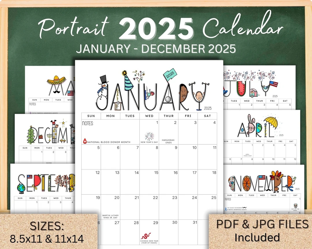 2025 Calendar Printable PORTRAIT Vertical Version PDF JPEG Digital Download Editable Monthly Calendar Planner Whimsical Etsy