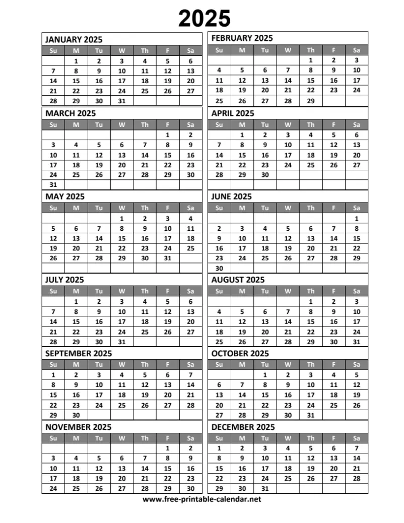 Portrait Calendar 2025 Printable