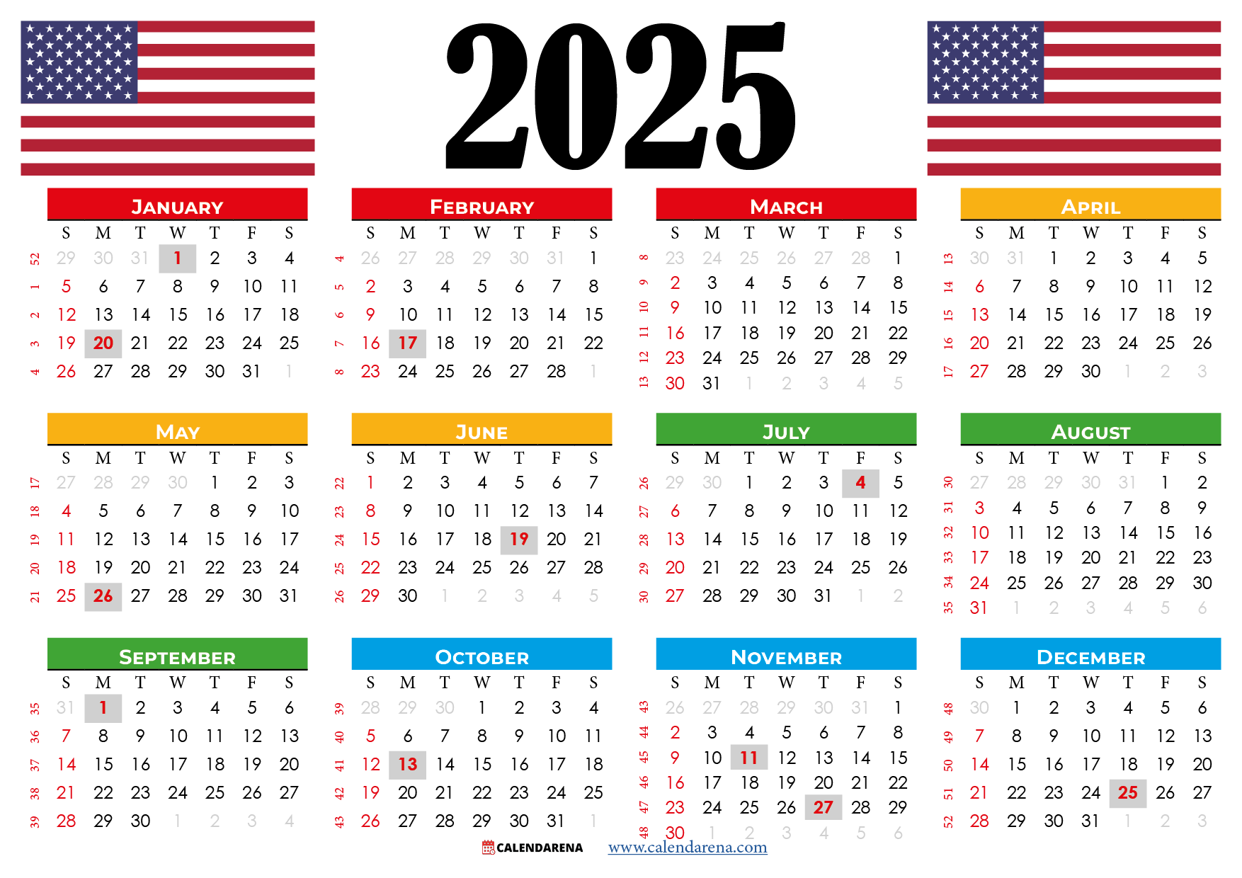 Calendar 2025 Year Printable Usa