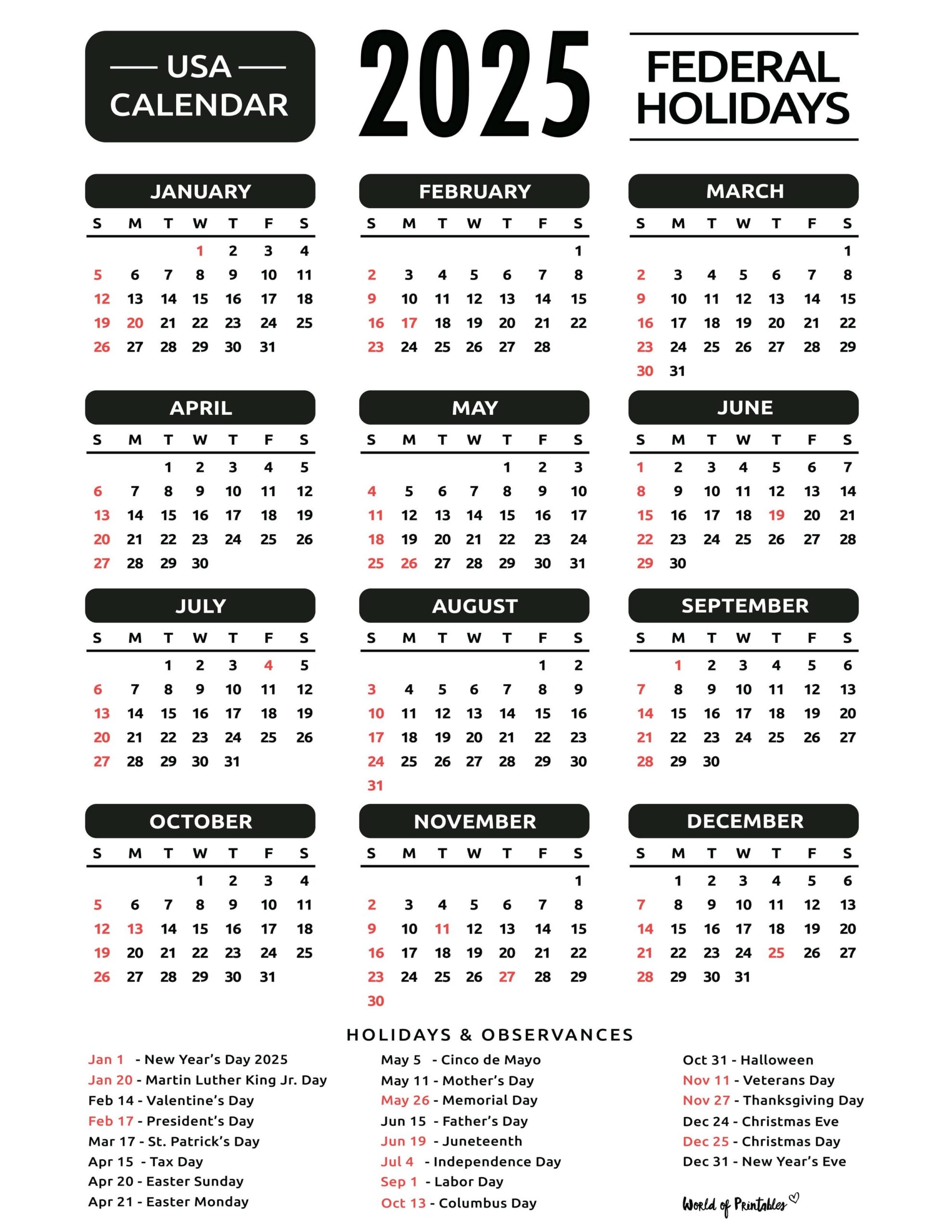 2025 calendar with holidays free printables in 28 unique styles world of printables
