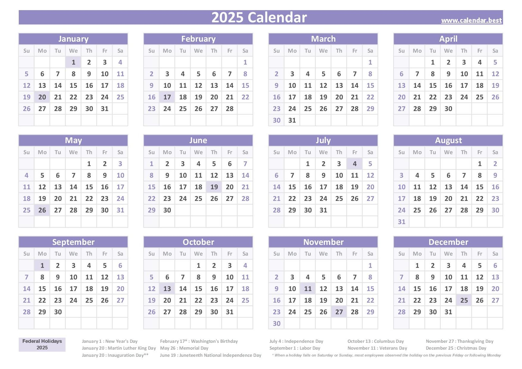 2025 calendar with holidays us federal holidays
