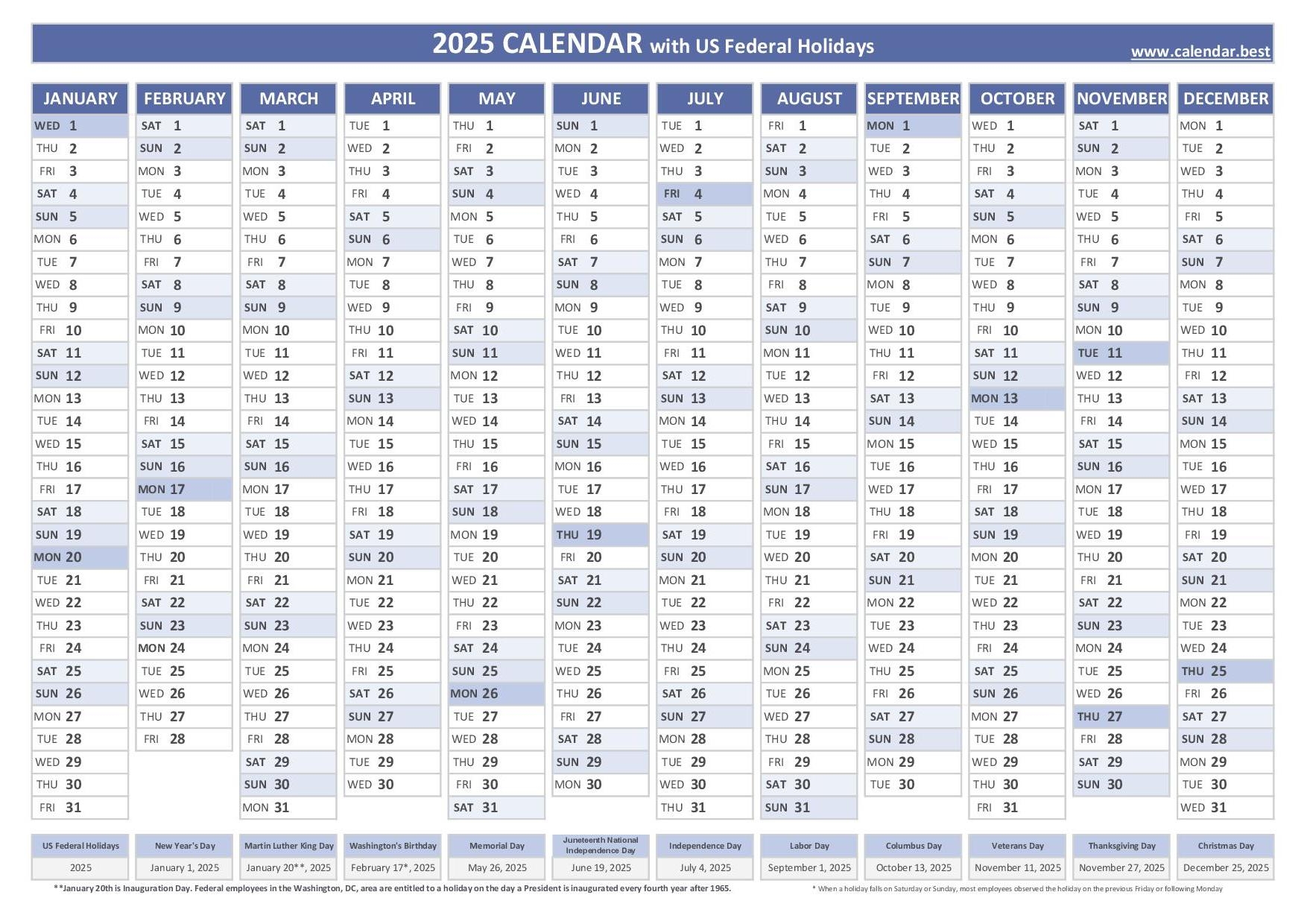 2025 Calendar With Holidays US Federal Holidays 