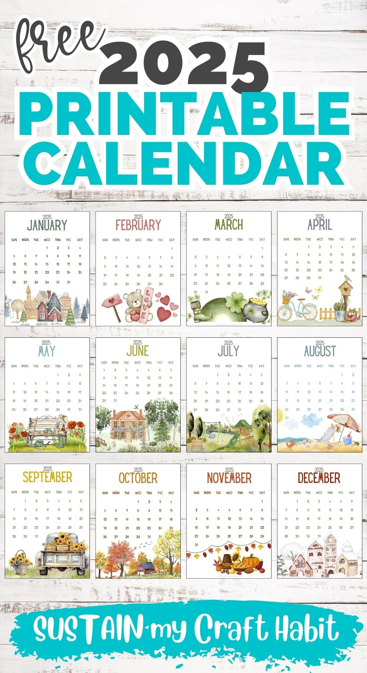 Cute Monthly Calendar 2025 Printable