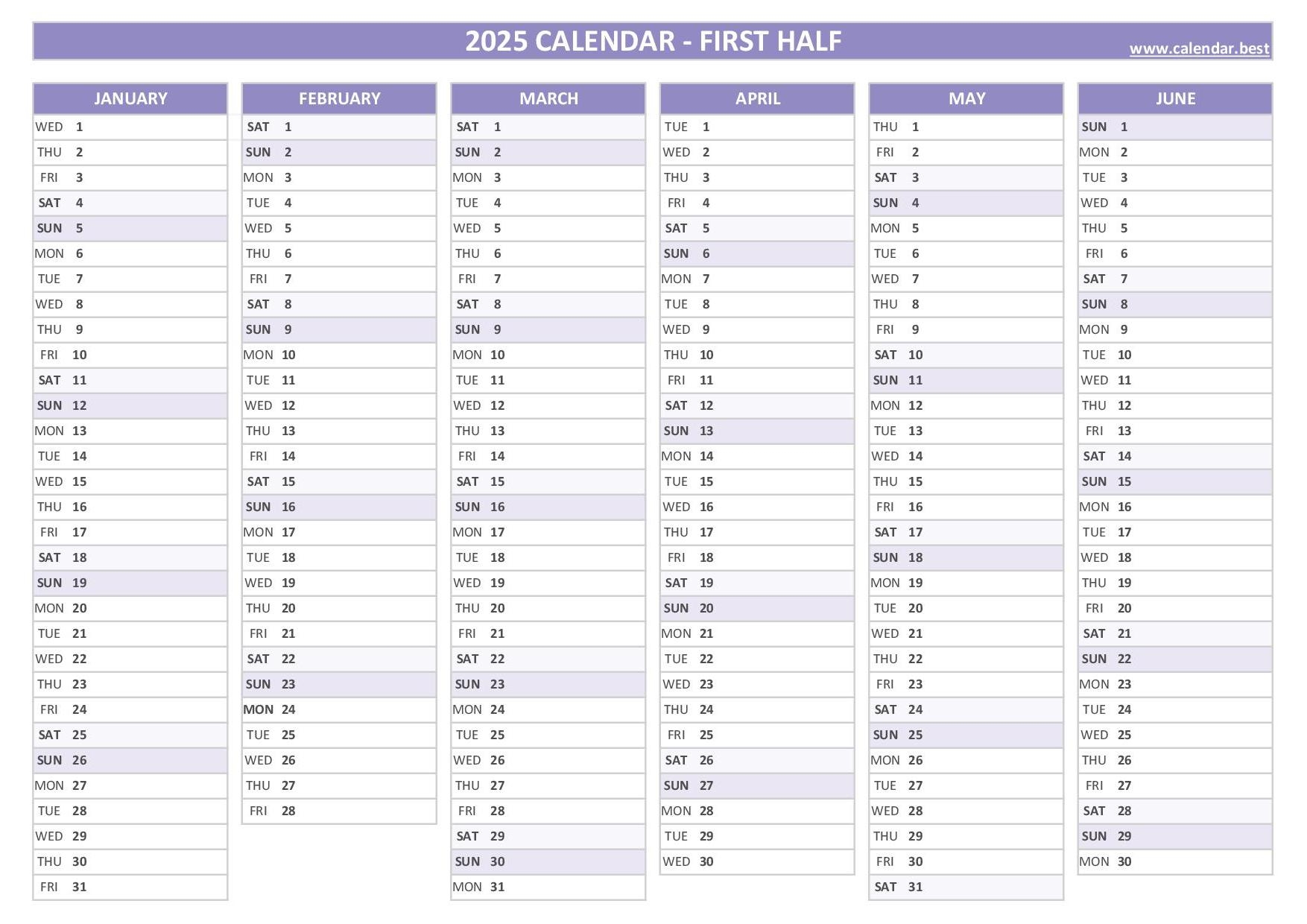 2025 half year calendar to print