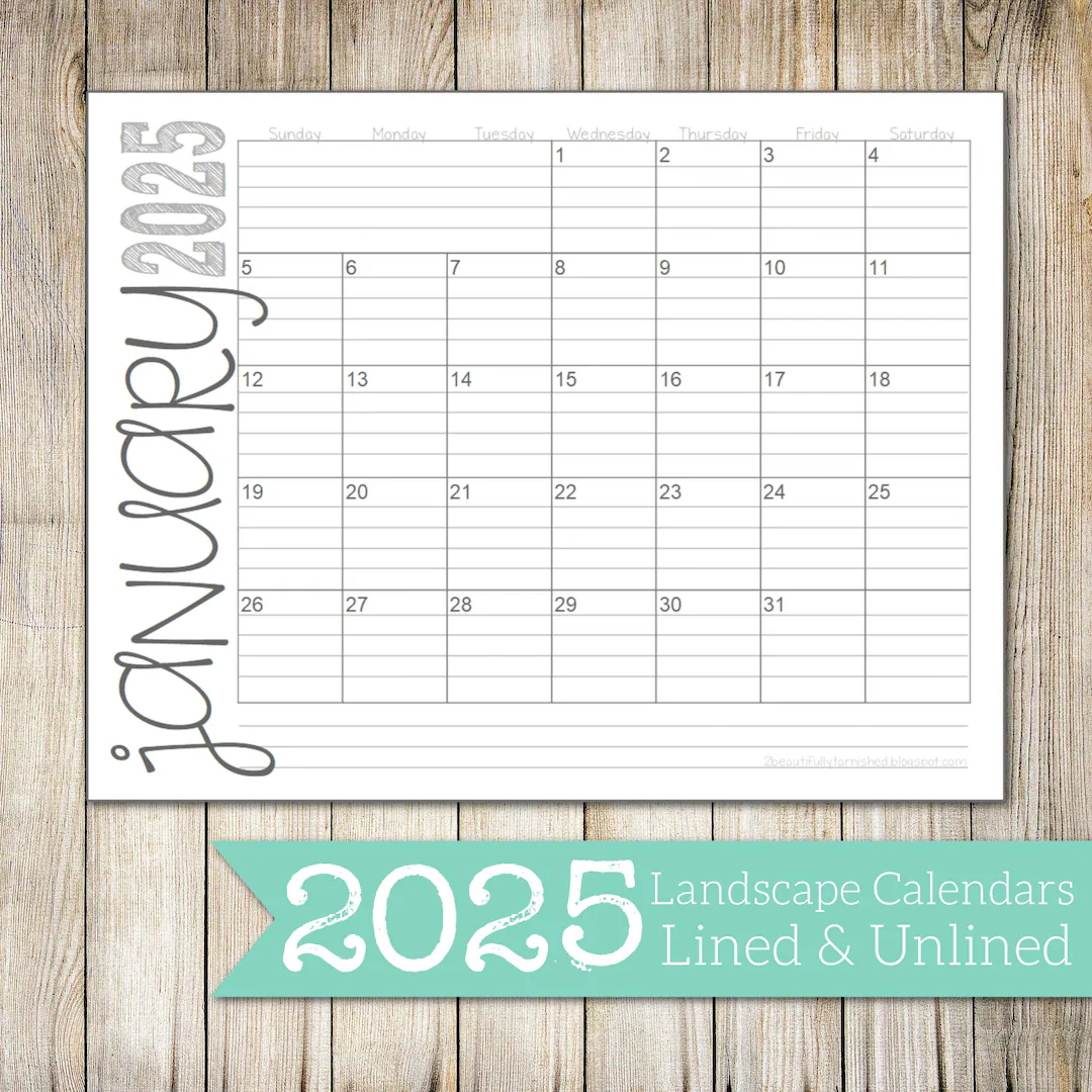 2025 landscape lined unlined monthly calendars 8 5x11 landscape jan dec pdf printable download etsy