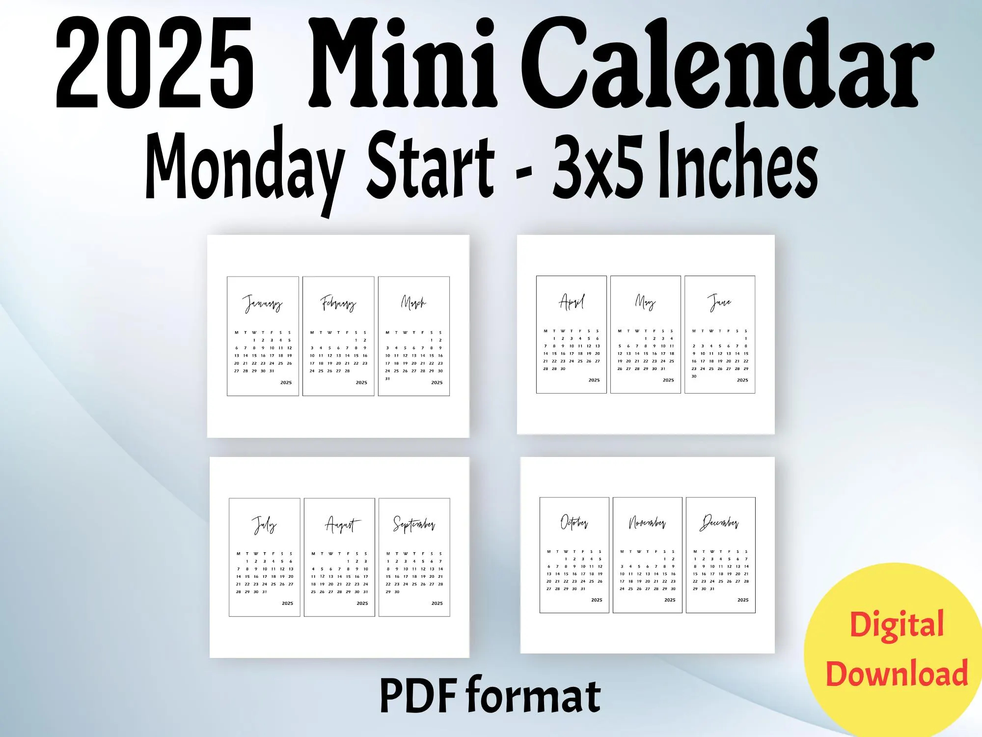 2025 mini calendar printable pdf 3 x 5 inches small calendar sunday and monday start digital download etsy