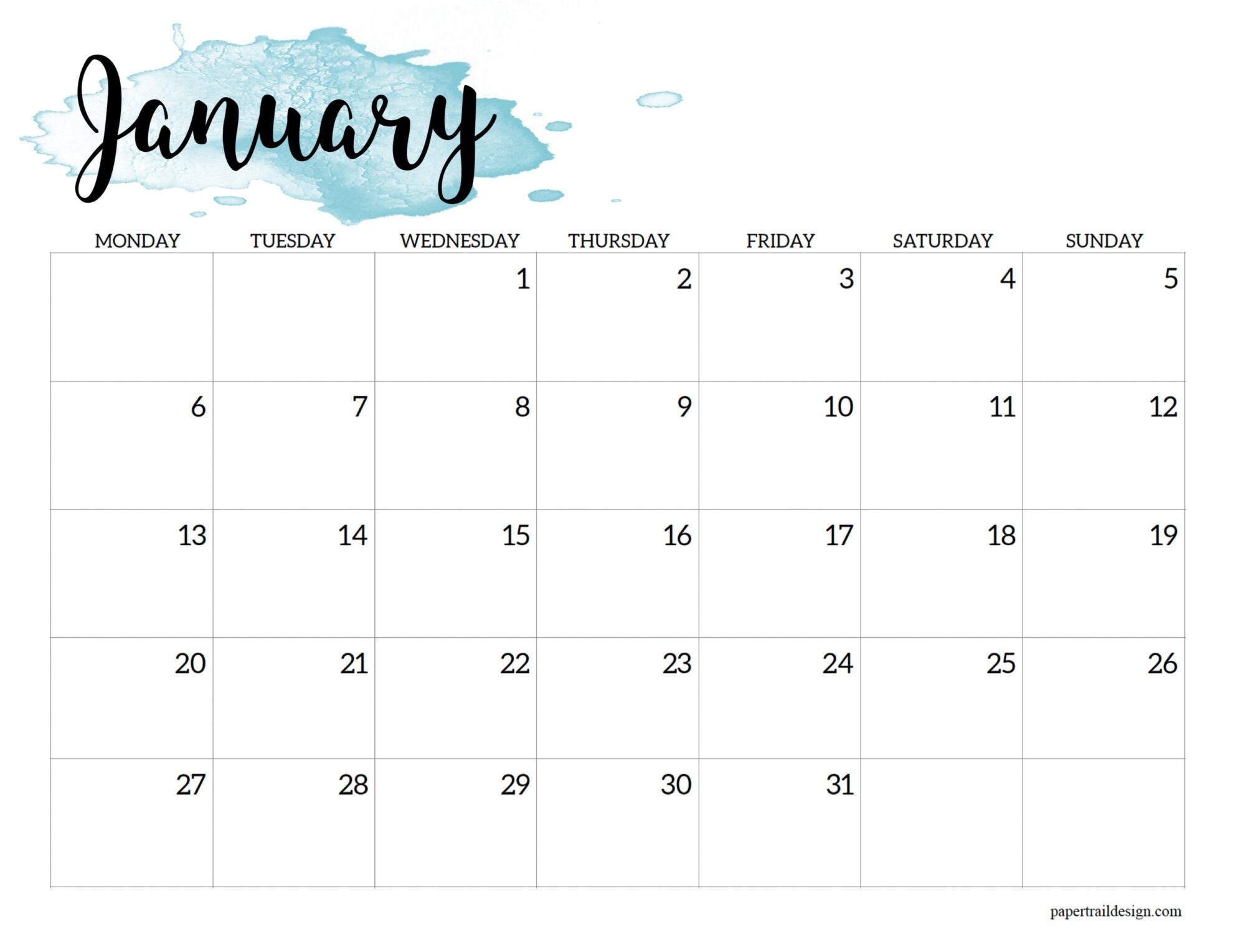 2025 monday start calendar printable watercolor paper trail design