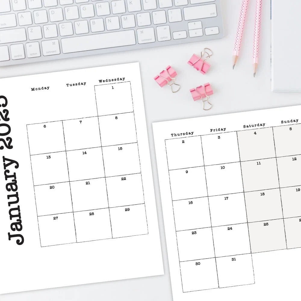 Half Size Monthly Calendar 2025 Printable Free