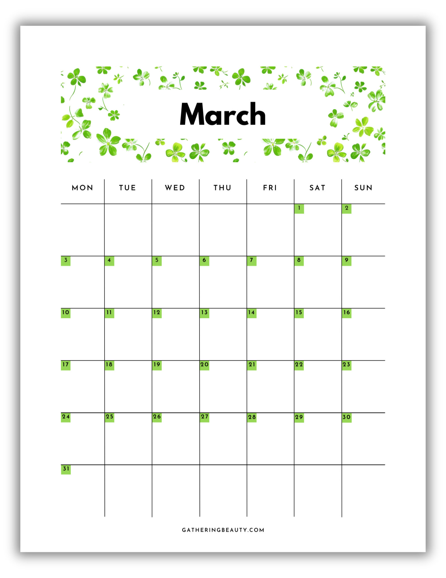 Portrait Printable Calendar 2025 Pretty