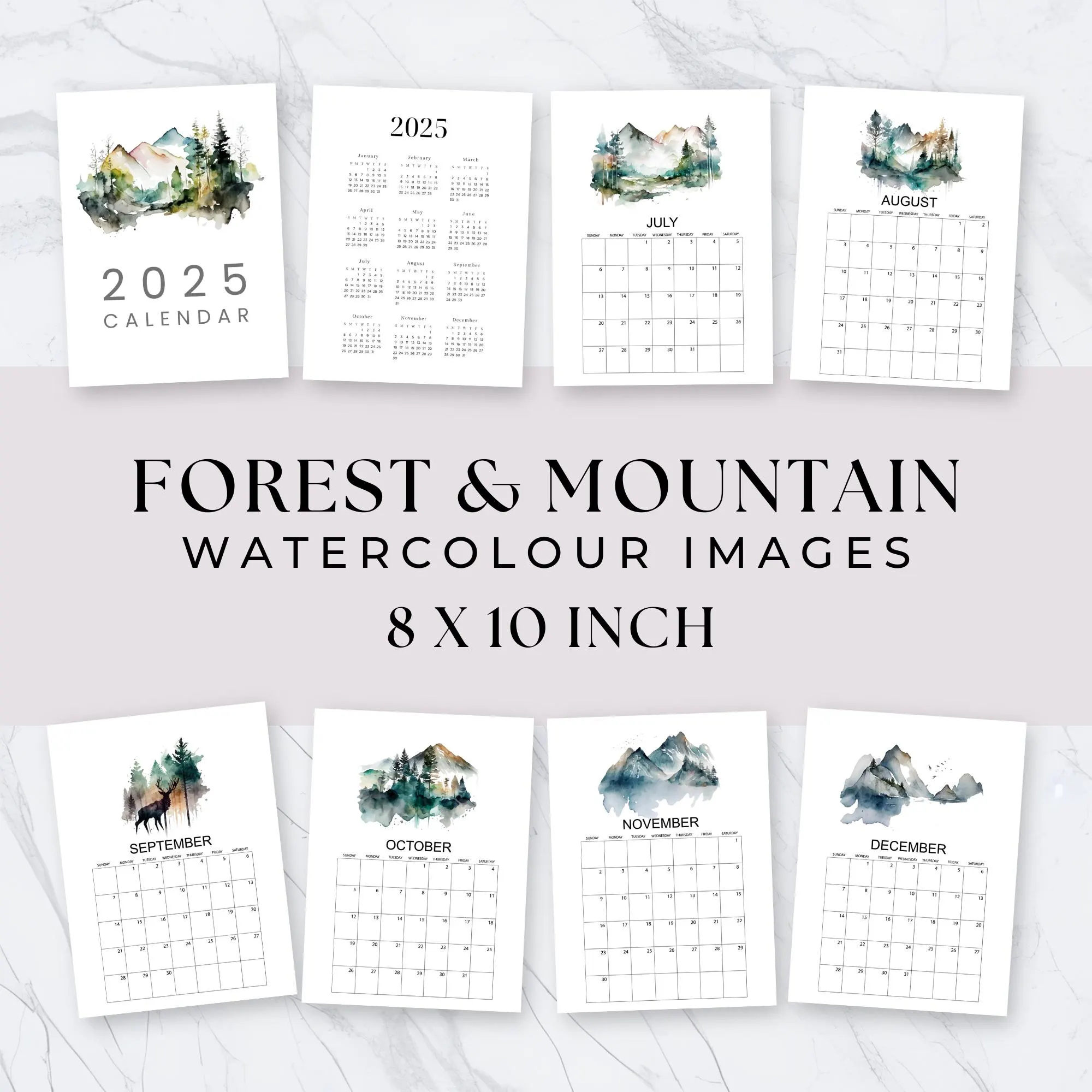 2025 monthly calendar printable size 8 x 10 inch instant download nature mountains and forest watercolor etsy
