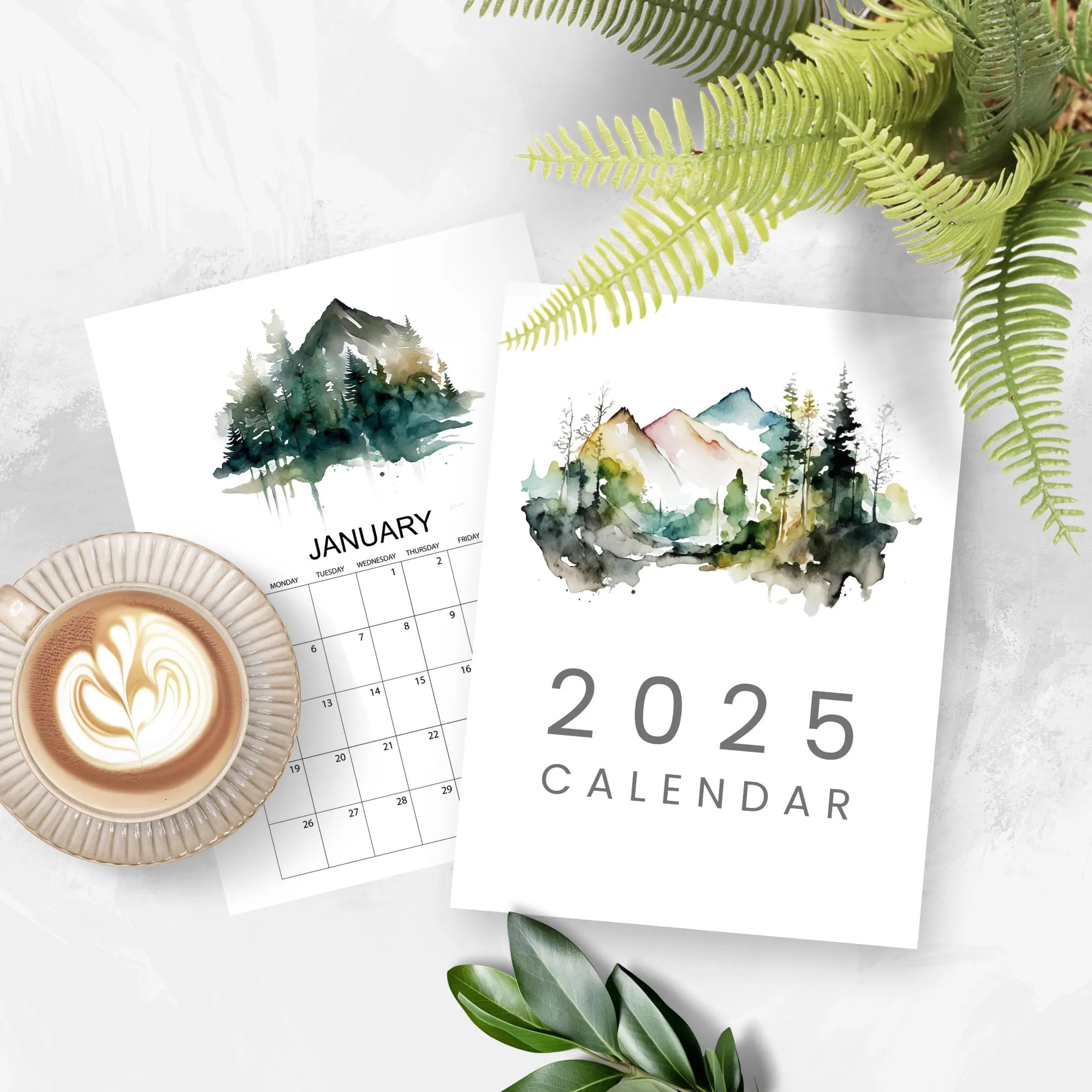 2025 monthly calendar printable size 8 x 10 inch instant download nature mountains and forest watercolor etsy