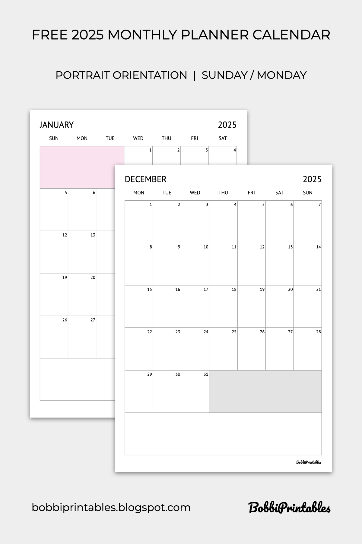 2025 Monthly Planner Calendar Free Printable Portrait Orientation