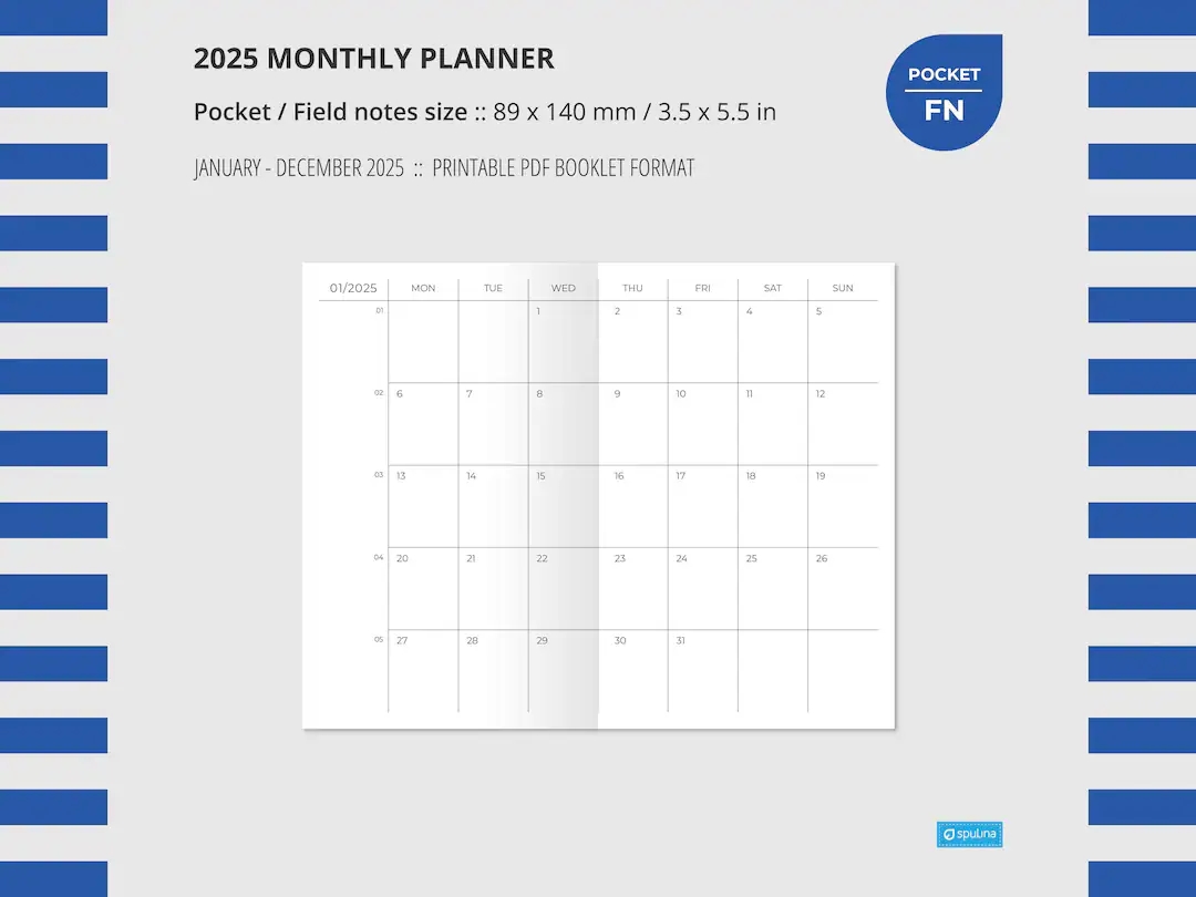 2025 MONTHLY PLANNER Pocket Field Notes Size Wo2p Printable Insert Printable Notebook Week On Two Pages Travelers Notebook Insert Etsy