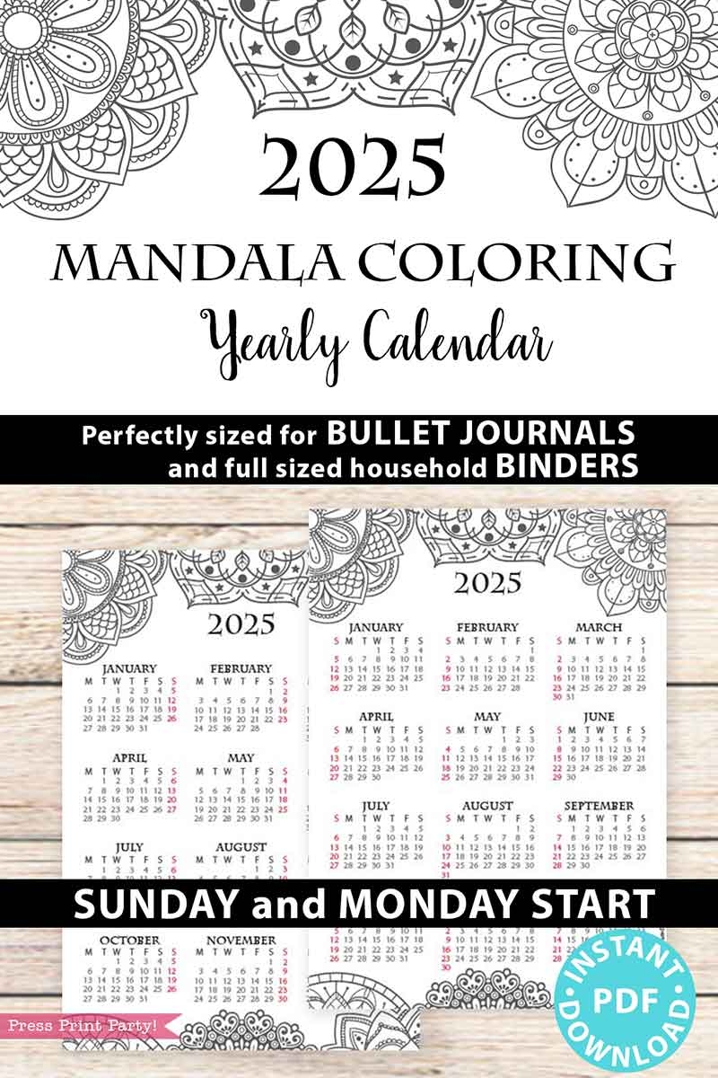 2025 One Page Calendar At a glance Printable Mandala