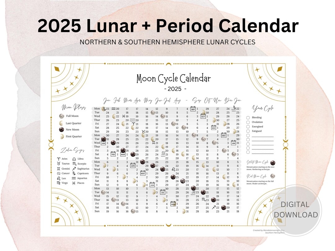 2025 Period Tracker Lunar Calendar Moon Phases Calendar Menstruation Tracker Period Log Northern And Southern Hemisphere Moon Cycles Etsy
