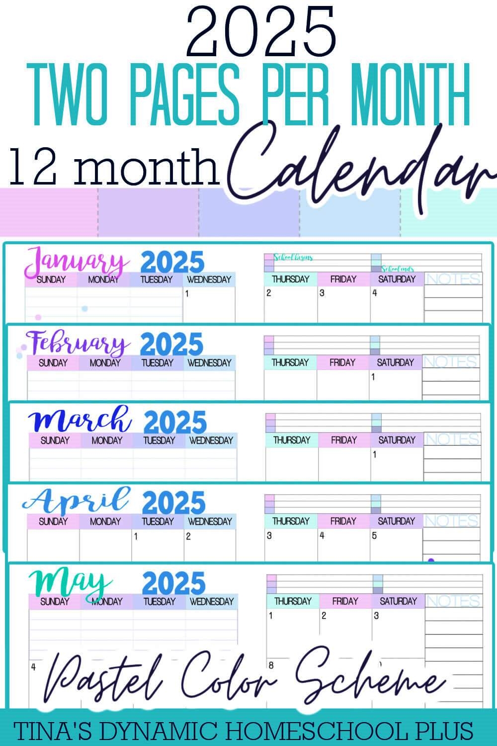 2025 physical year 2 page monthly calendar