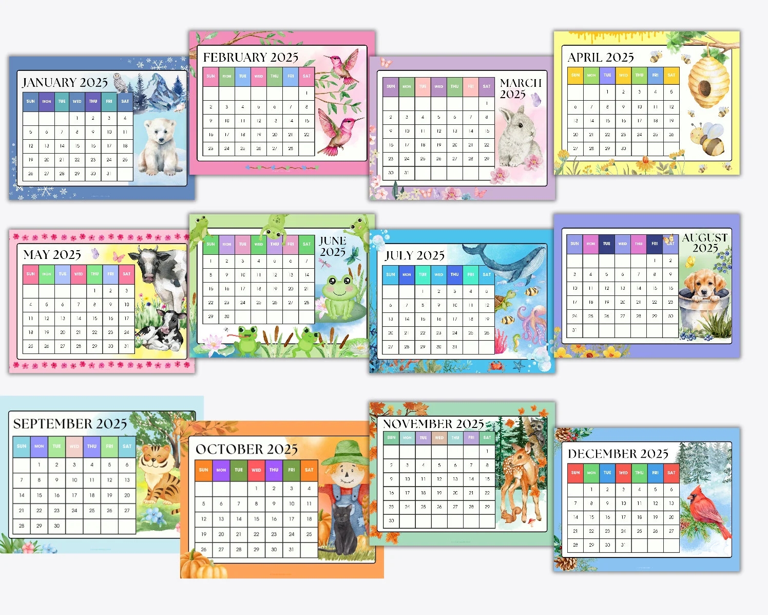 2025 Printable Calendar Pages Cute Kids Calendar Instant Download PDF Animal Theme Etsy