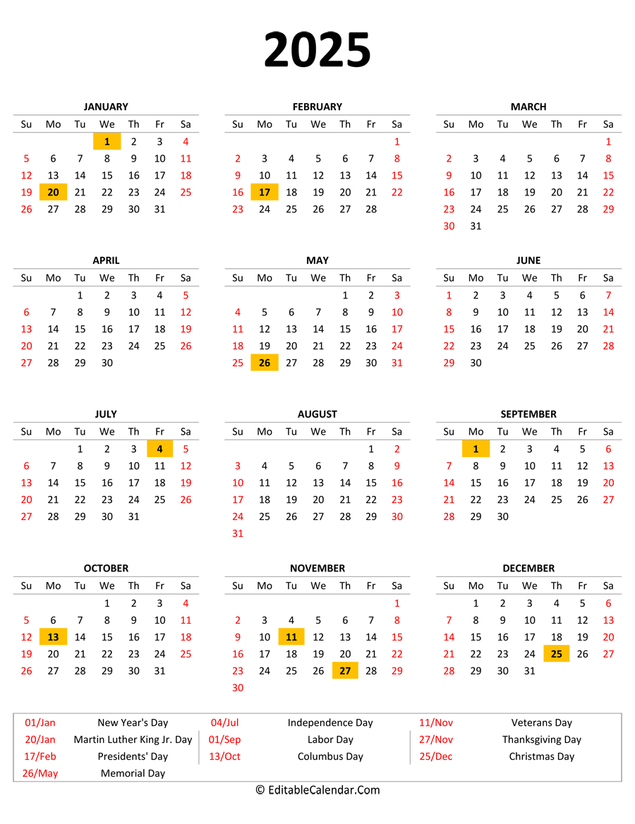 Calendar Printable 2025 With Holidays