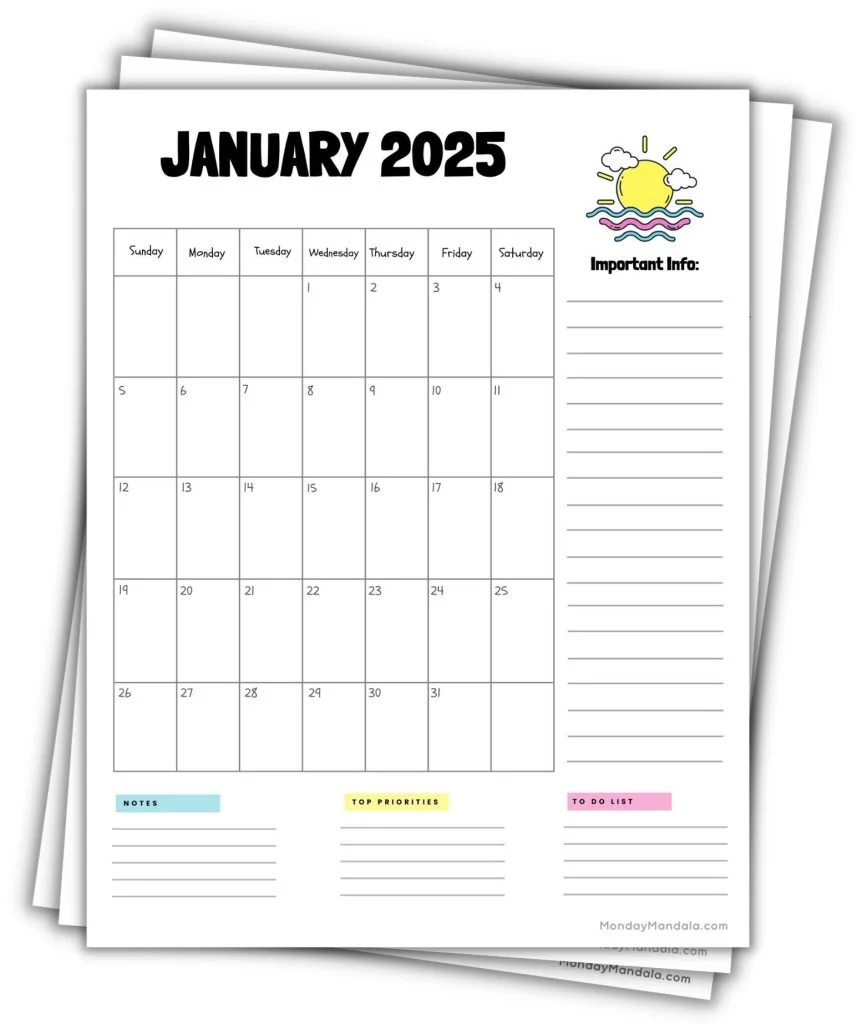 Free Printable Portrait 2025 Calendar With Holidays