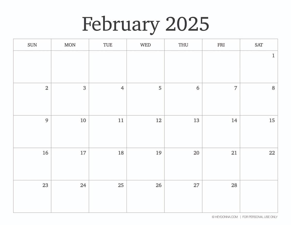 2025 Printable February Calendar Hey Donna 