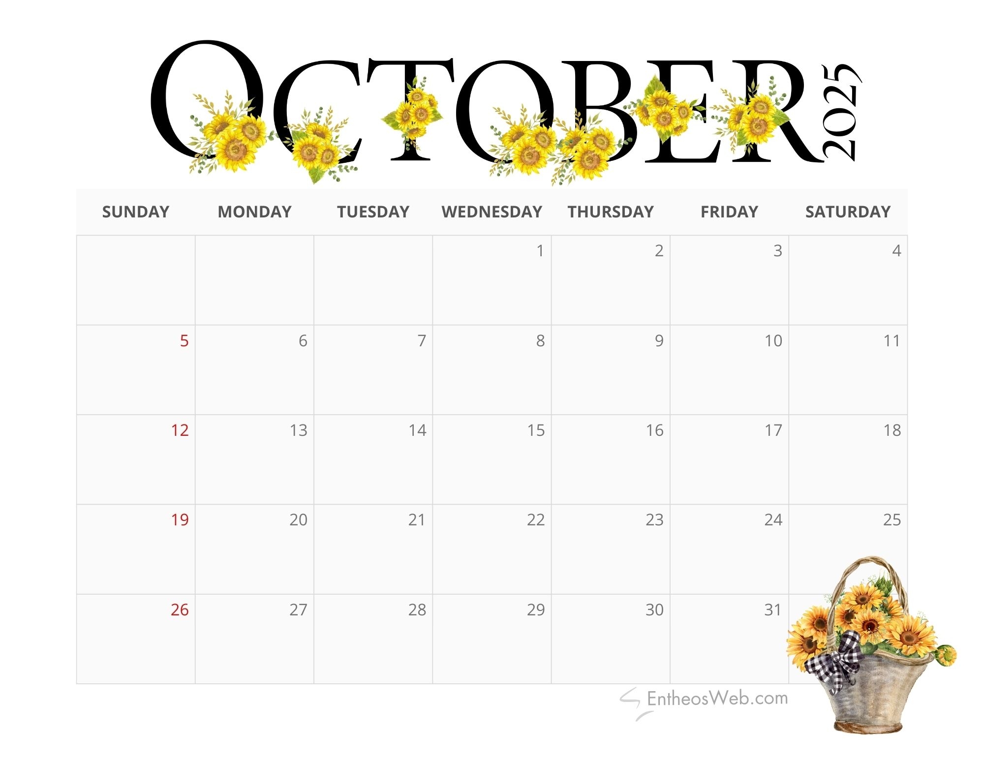 2025 Sunflowers Calendar Printable EntheosWeb
