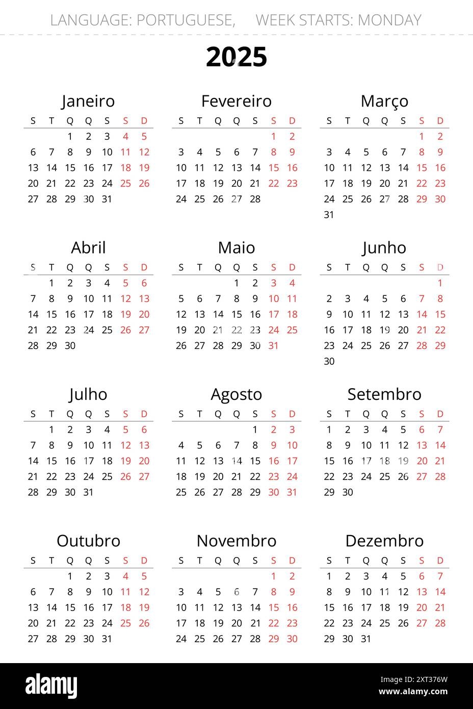 2025 vertical portuguese calendar printable vector illustration for portugal plan your year with calendar style stock vector image art alamy