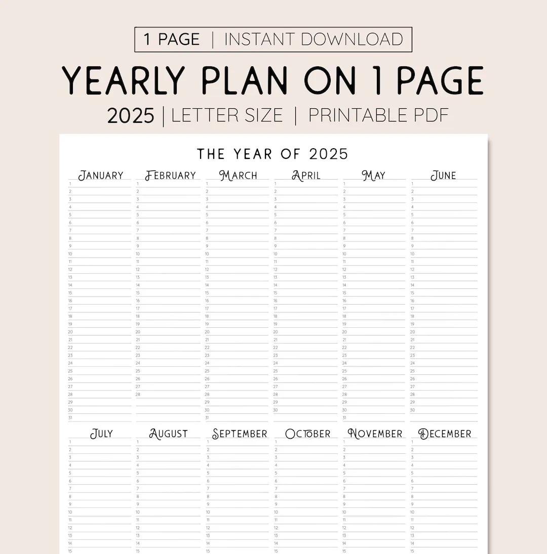 2025 year at a glance instant download yearly overview printable calendar 2025 yearly planner annual overview etsy