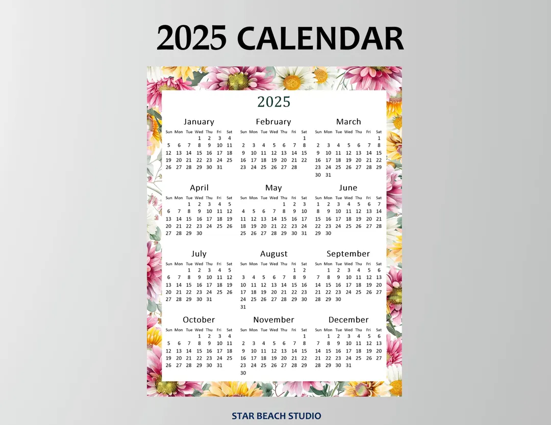 2025 year calendar printable year at a glance 2025 floral wall calendar office wall desk year overview letter a4 size 8x10 4 x6 11x17 etsy