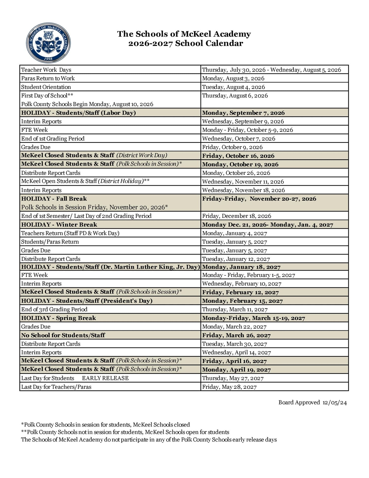 2026 2027 Polk County School Calendar Public Charter Private