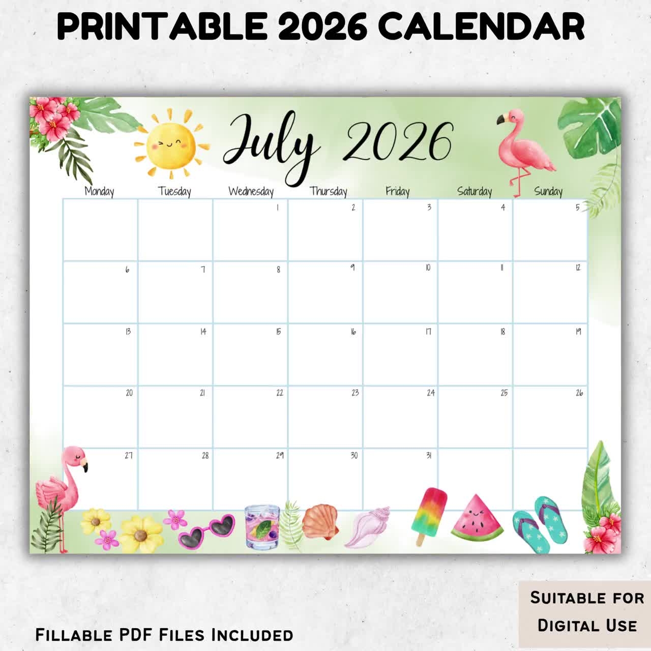 Free Printable July 2026 Calendar