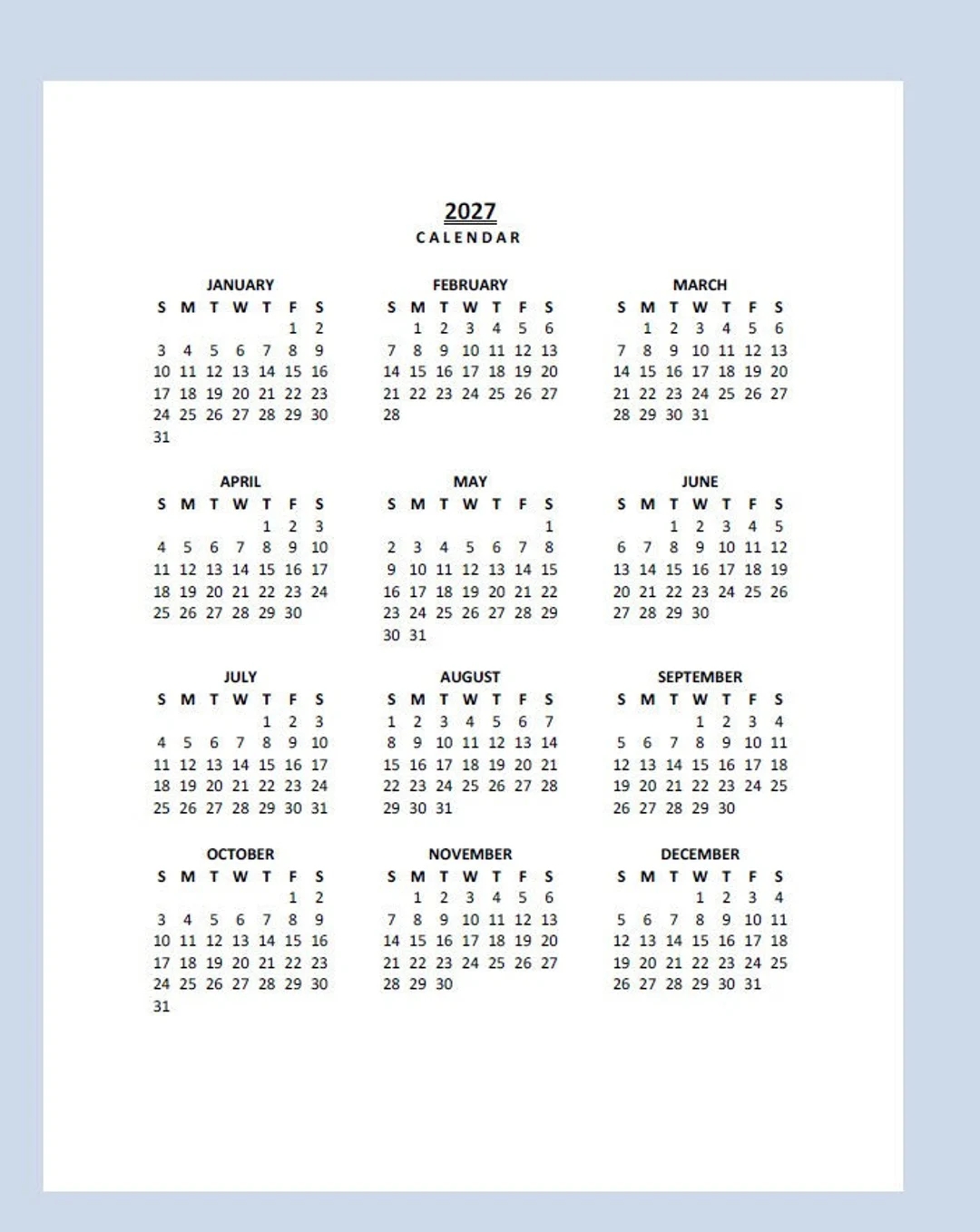 June July Aug 2027 Calendar Printable