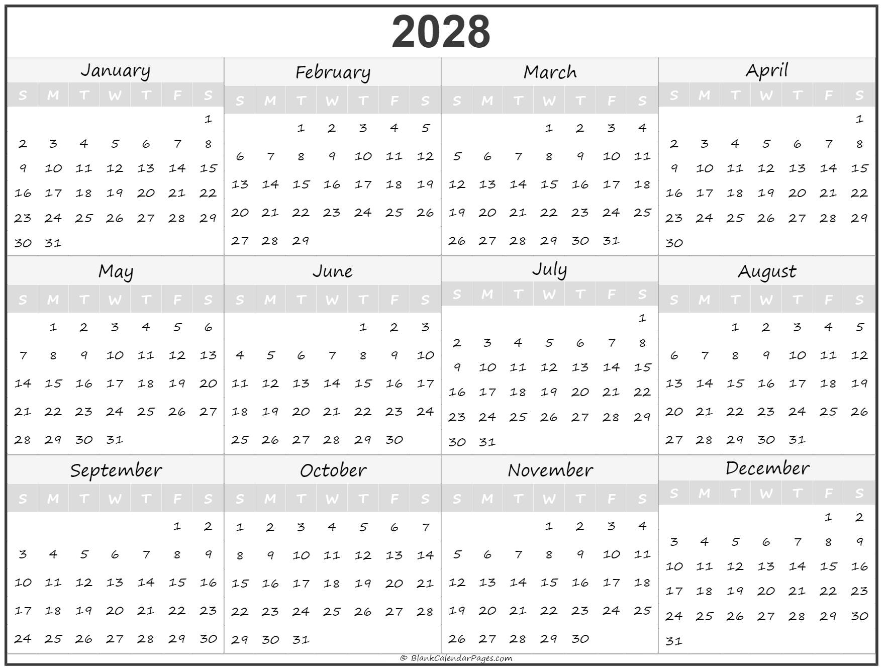 2028 year calendar yearly printable