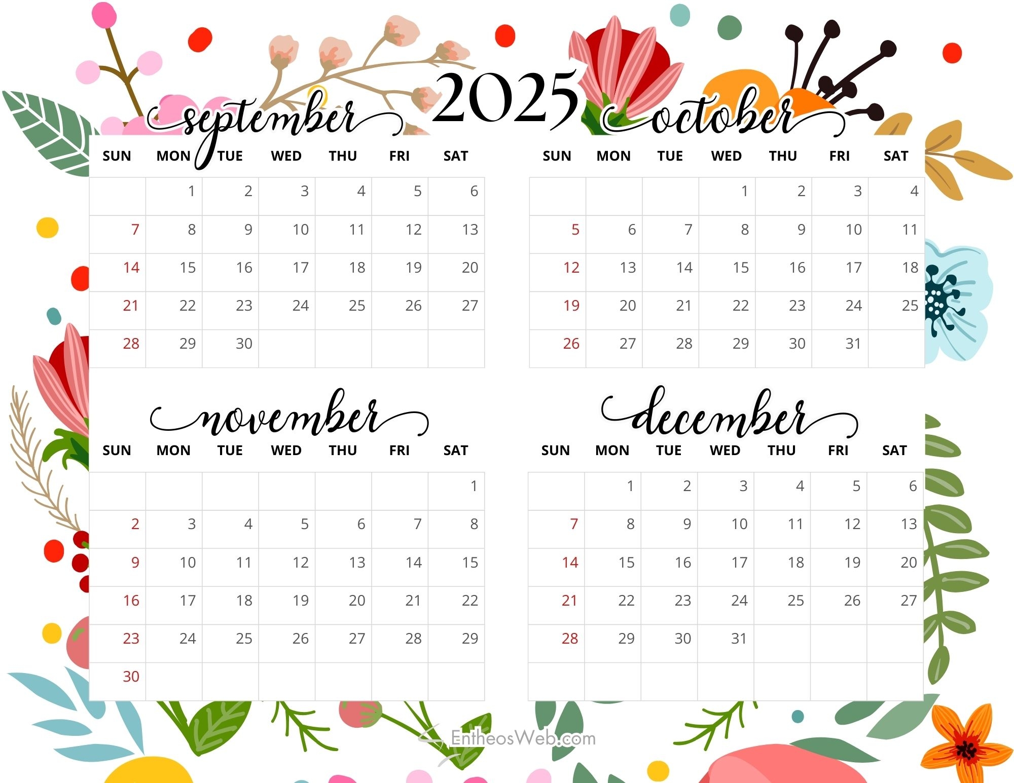 4 Month Calendar Printable 2025 September-December