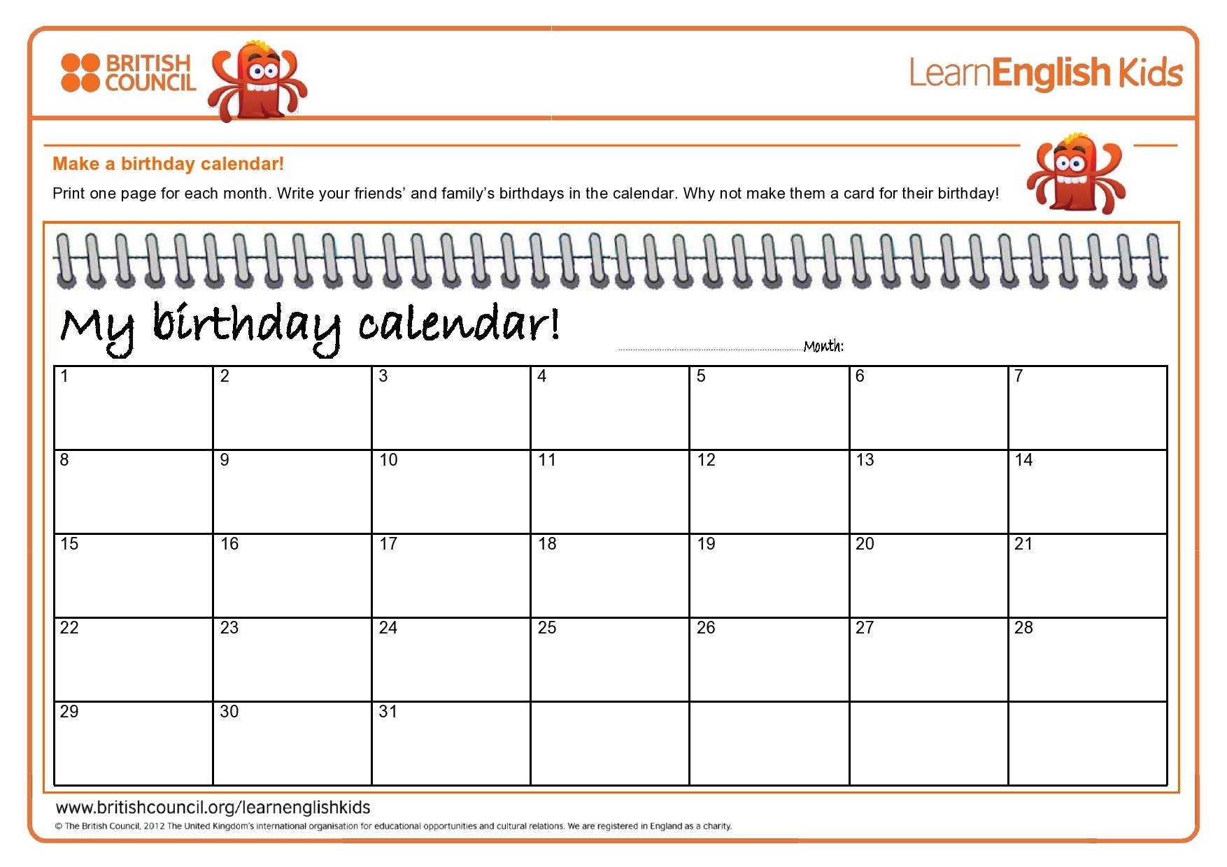 Editable Printable Birthday Calendar Template
