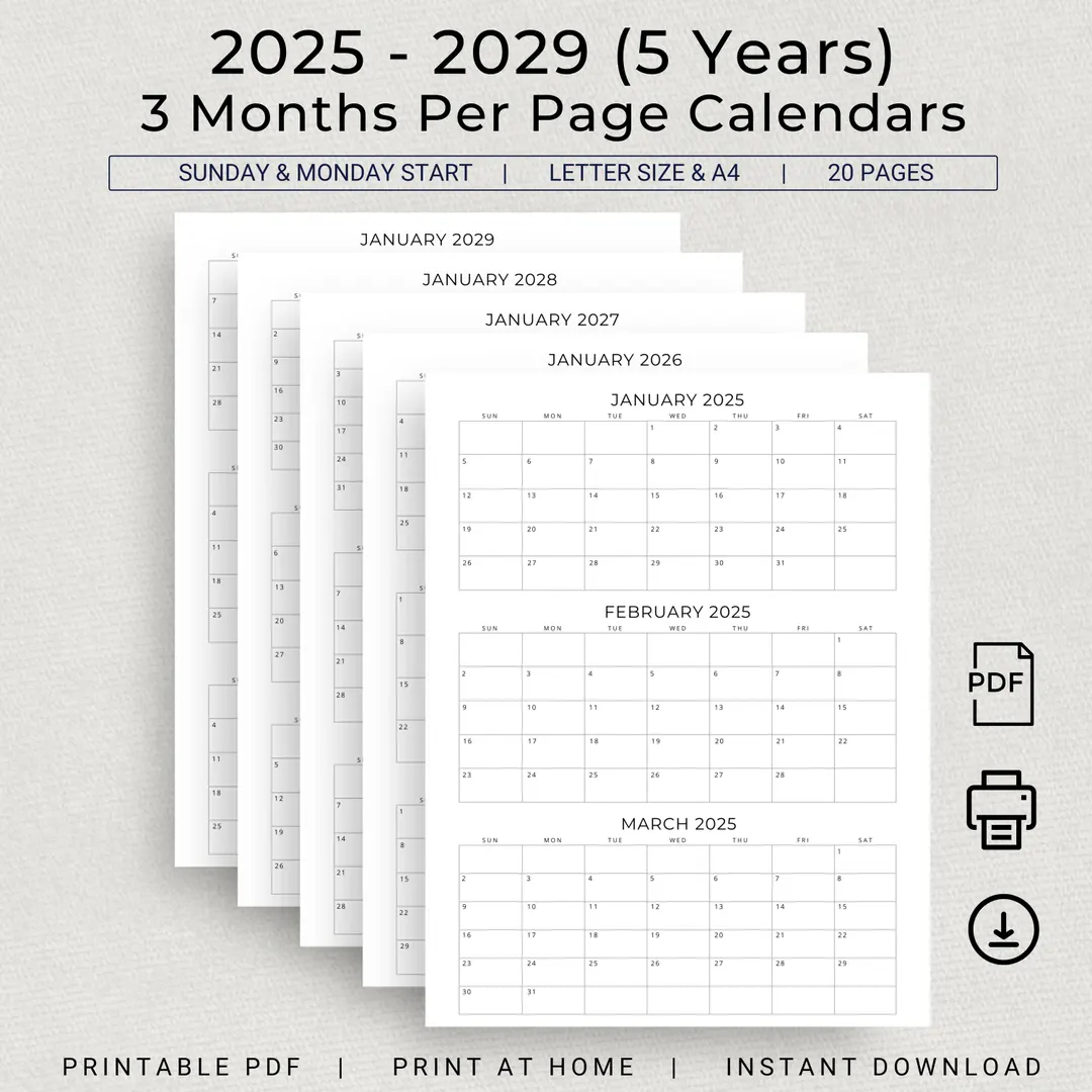 5 years calendar 2025 to 2029 printable 3 months per page calendar quarterly calendar 2025 2026 2027 2028 2029 minimal planner monthly pdf etsy