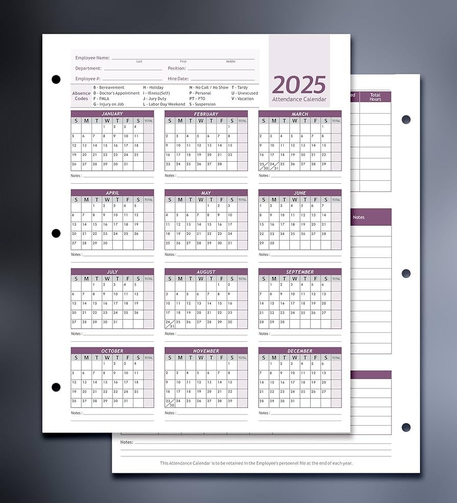 Free Printable Employee Attendance Calendar 2025
