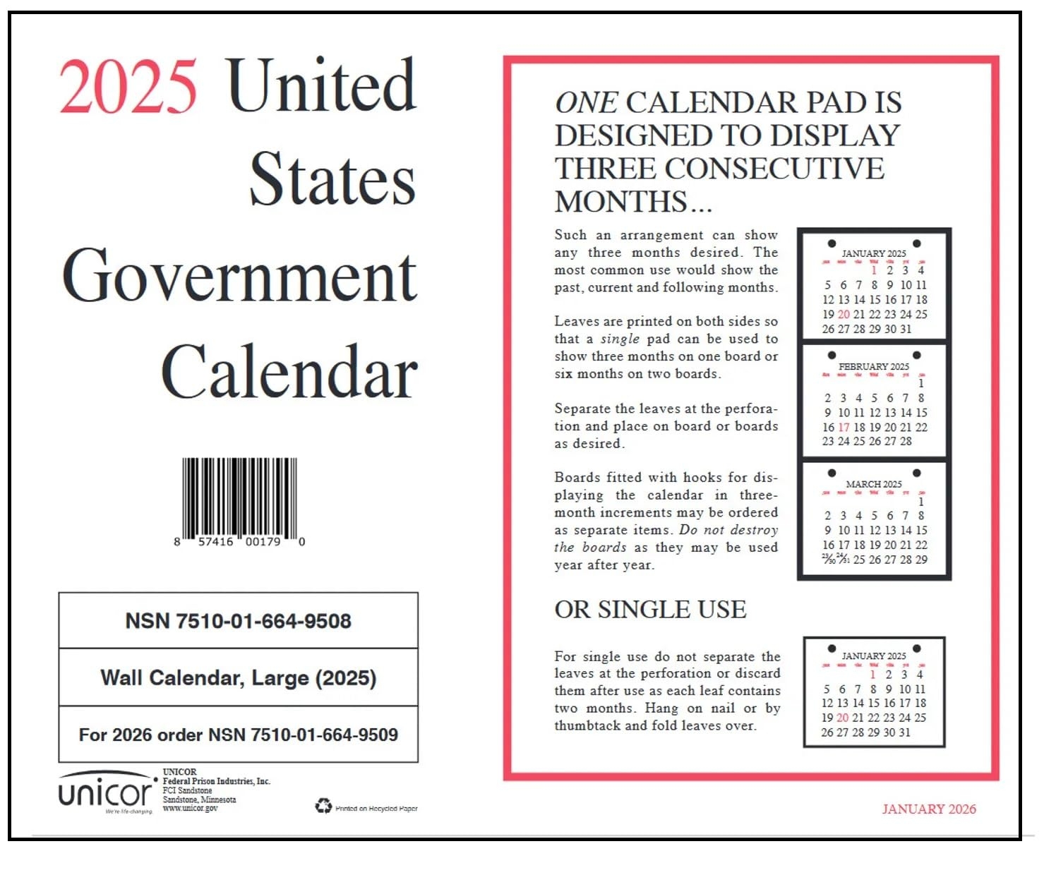Amazon Unicor 2025 US Government Monthly Wall Individual Calendar Qty 2 11 X 9 12 Month Jan To Dec Office Products