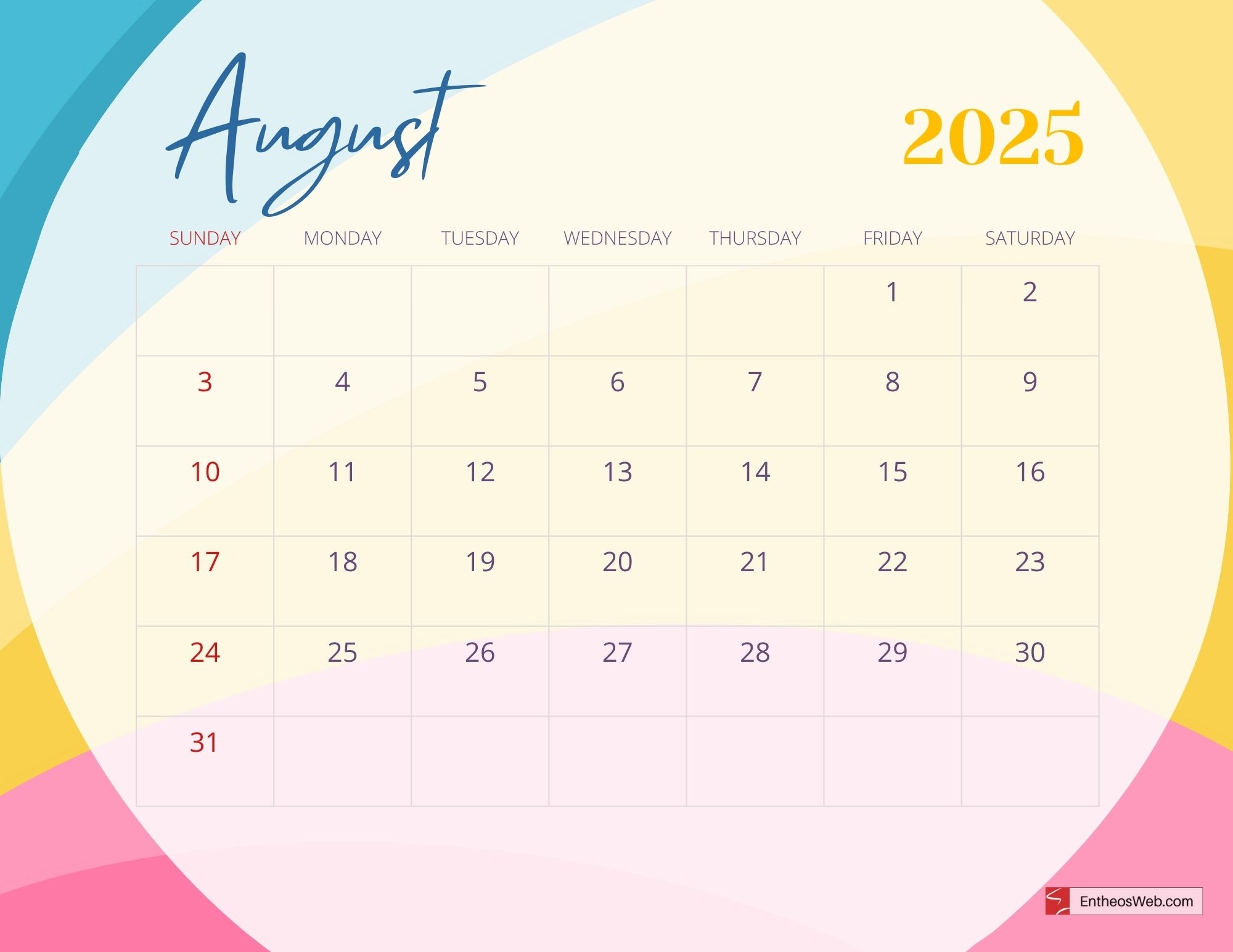 August 2025 Calendar Printables EntheosWeb