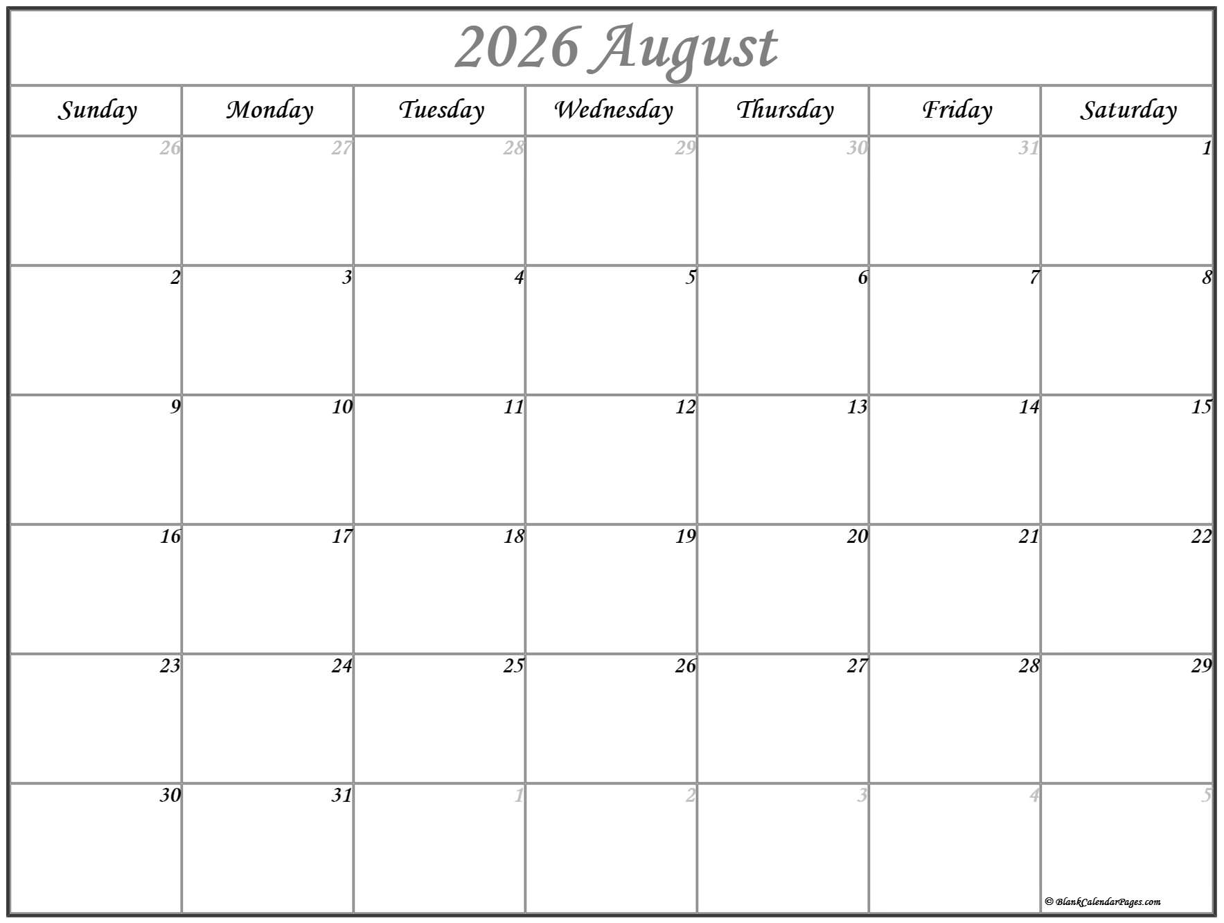 Aug 2026 Unicorn Calendar Printable