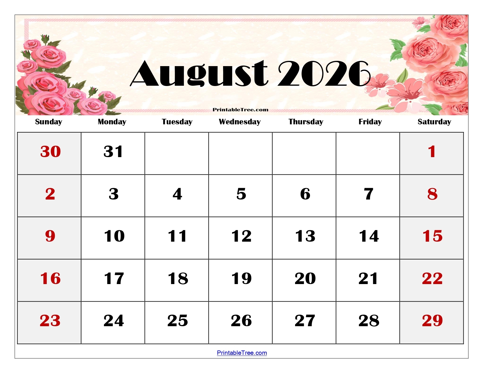 Calendar August 2026 Printable Free
