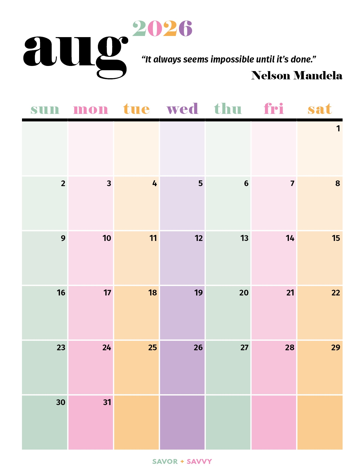 August 2026 Calendar Templates 14 Free Printables Savor Savvy