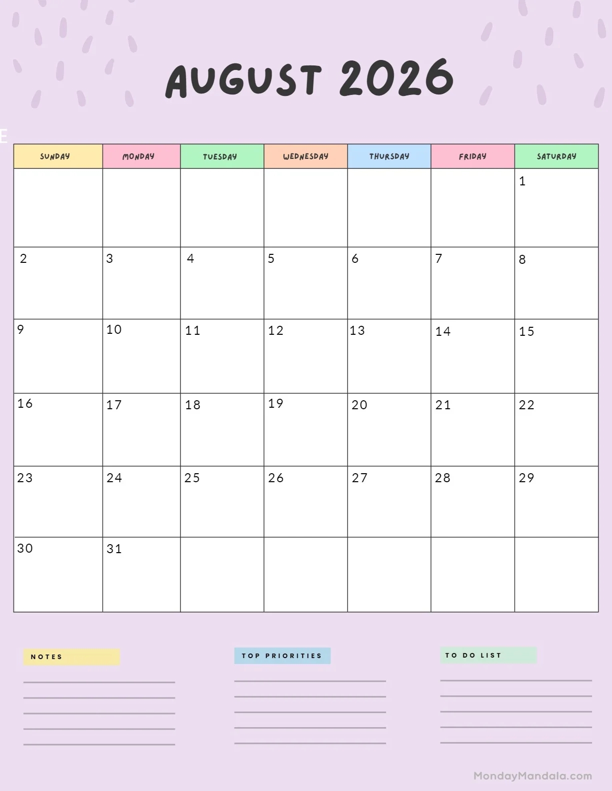 5 Days Calendar August 2026 Printable Free