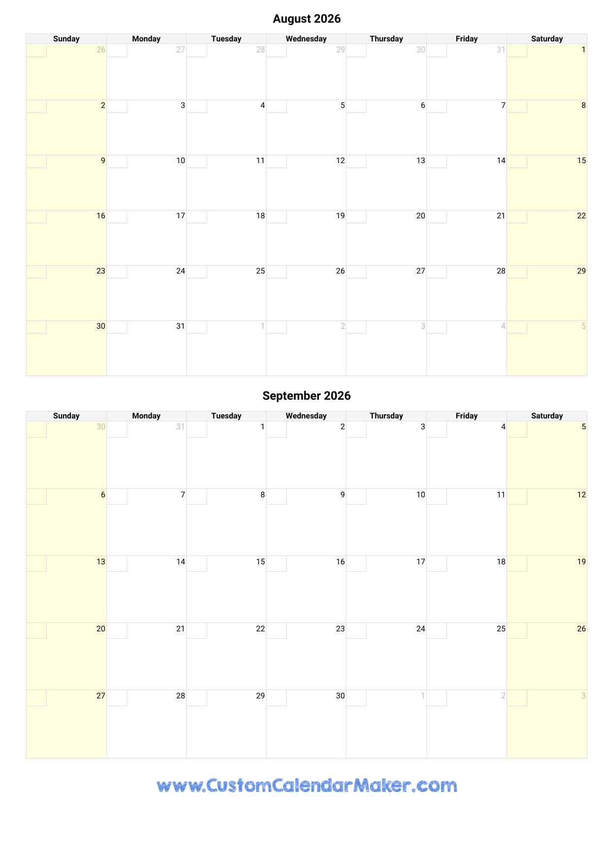 August And September 2026 Calendar Custom Calendar Maker