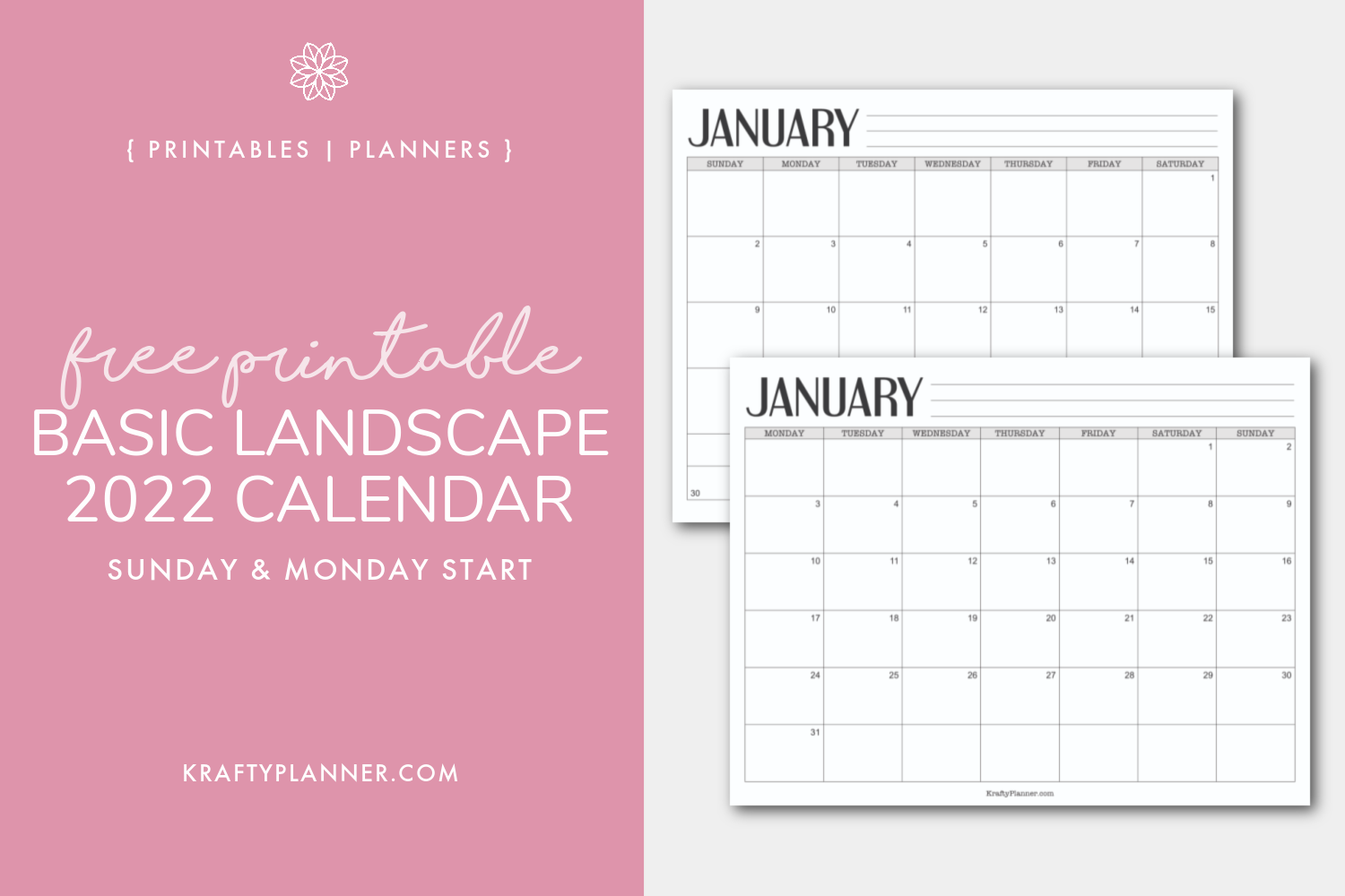 Basic 2022 Landscape Calendar Free Printable Krafty Planner