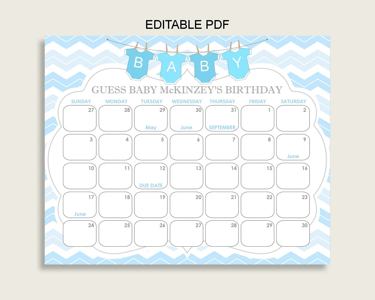 Blue White Guess Baby Due Date Calendar Game Printable Chevron Baby Shower Boy Birthday Prediction Calendar Editable Instant Cbl01 Etsy