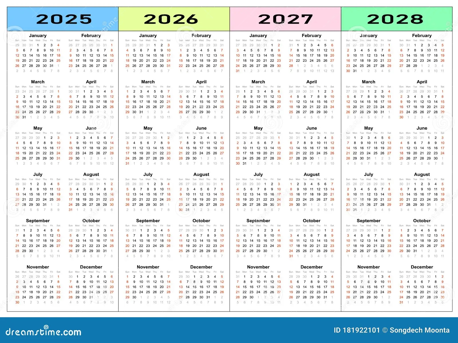 Calendar 2025 2026 2027 2028 Years Set Stock Vector Illustration Of Years Minimal 181922101