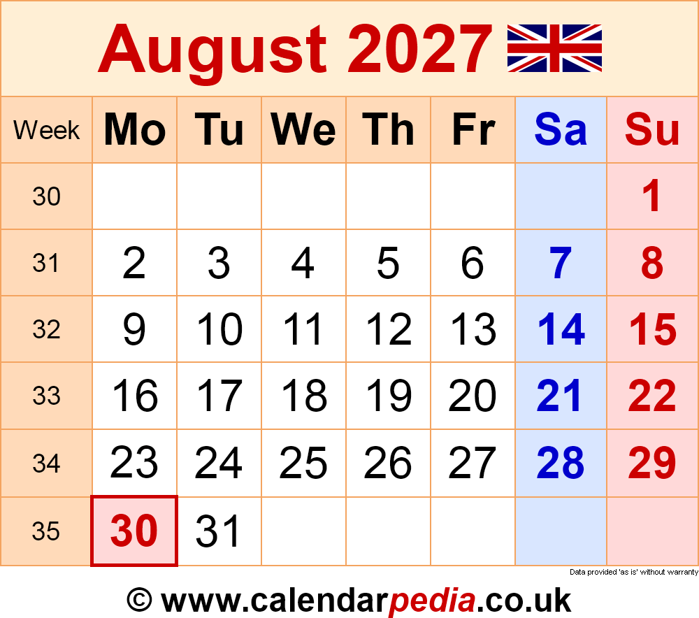 Calendar August 2027 UK With PDF Excel And Word Templates
