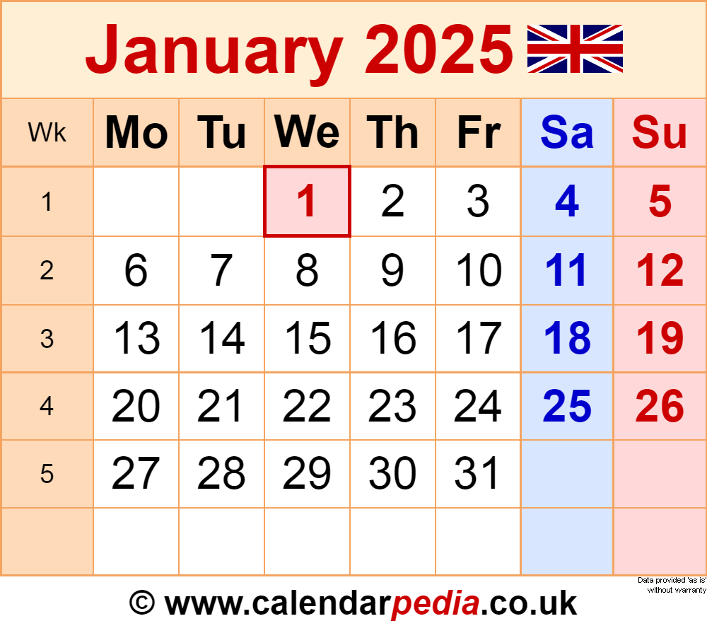 Calendar January 2025 UK With PDF Excel And Word Templates